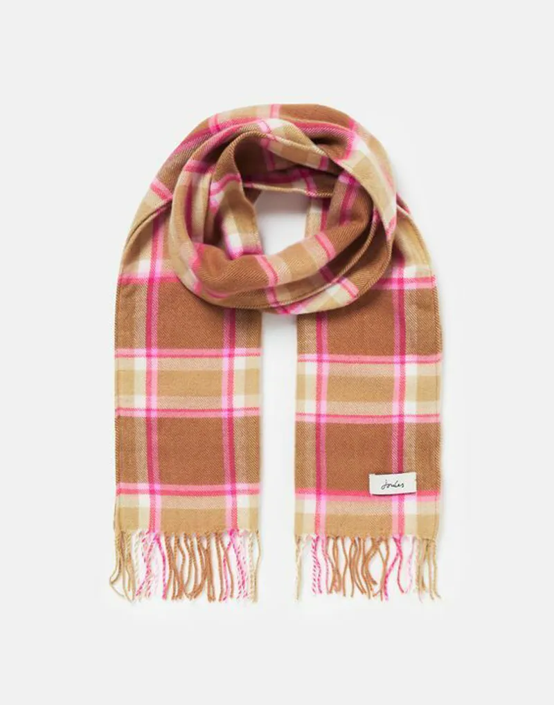 Joules Bracken Beige and Pink Check Scarf