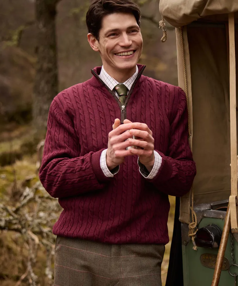 Schoffel Calton Cotton Cashmere Cable Quarter Zip Jumper - Burgundy-5