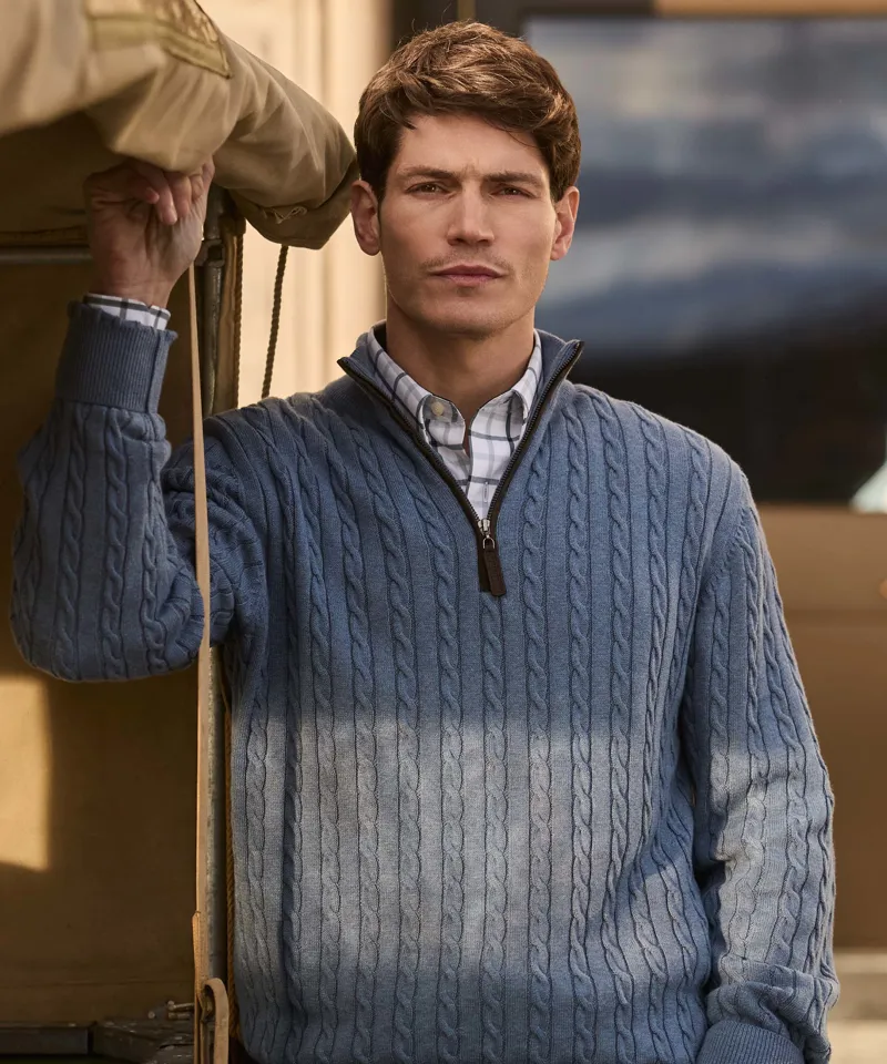 Schoffel Calton Cotton Cashmere Cable Quarter Zip Jumper - Lake Blue-8