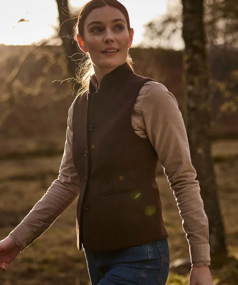 Schoffel Millport Tweed Nehru Waistcoat - Chocolate Herringbone Tweed-8