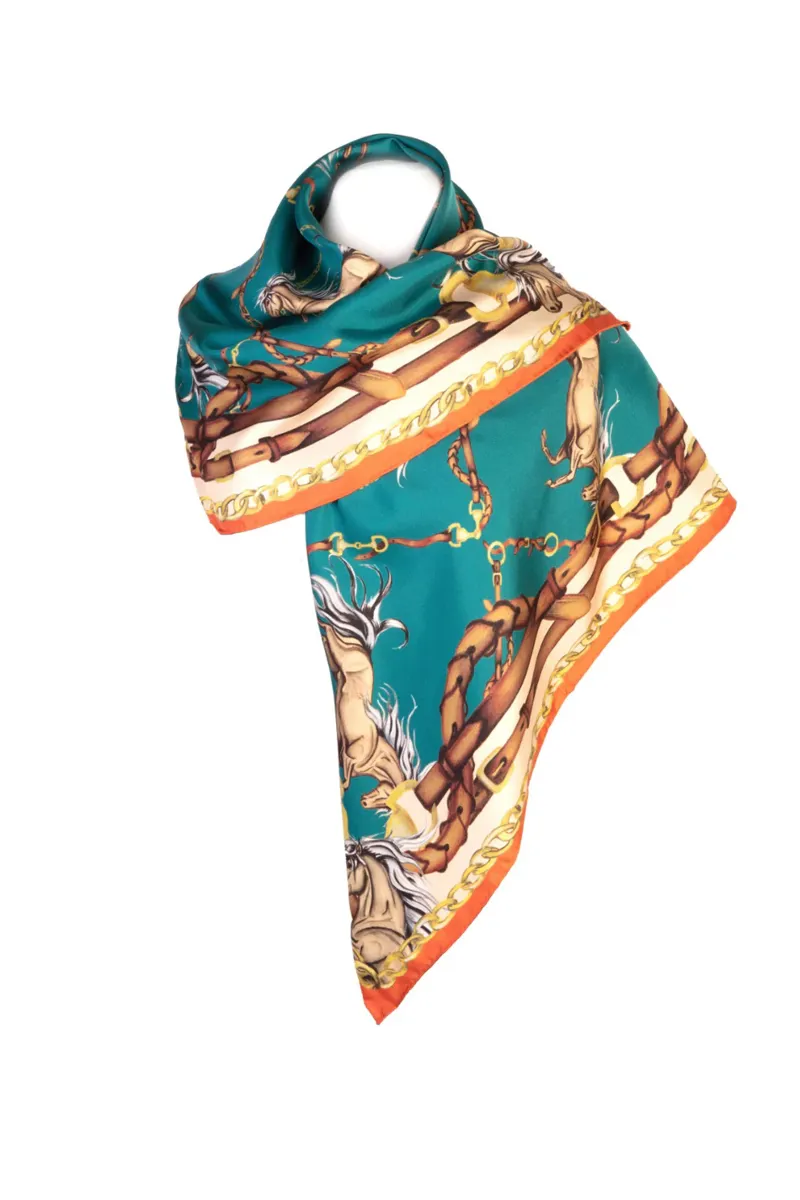 Clare Haggas Rearing To Go Teal and Rust Large Square Scarf-2