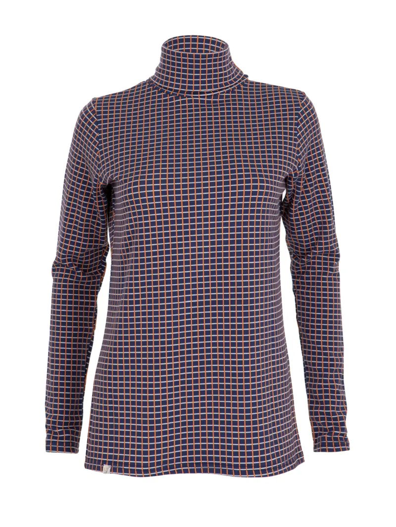 Ginger and Jardine Ladies Navy Burnt Orange Check Bamboo Cosy Roll Neck