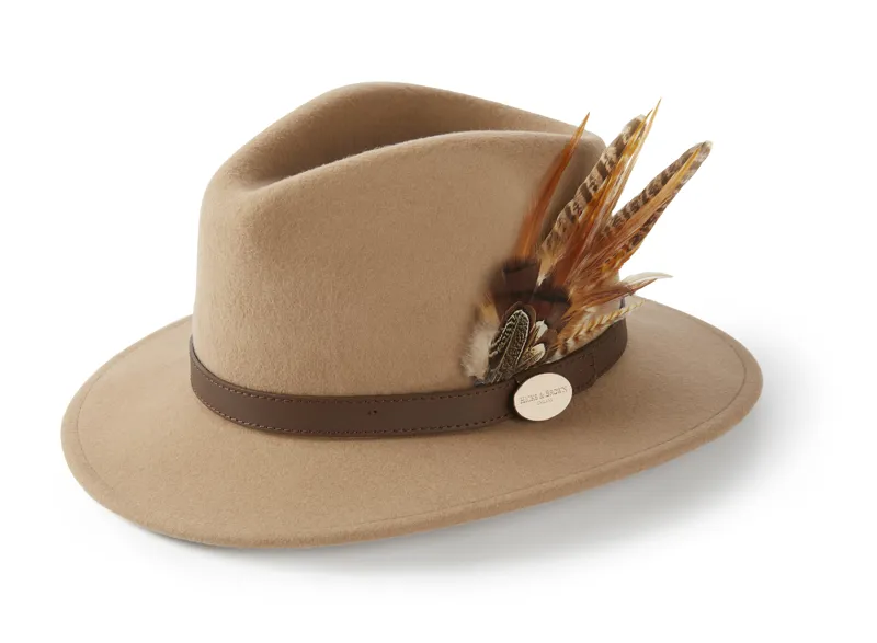Hicks and Brown Suffolk Fedora in Camel with Gamebird Feather