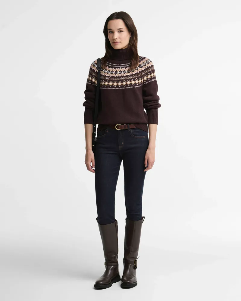 Barbour Ladies Darwen Fairisle Rollneck Jumper - Seal Brown-1
