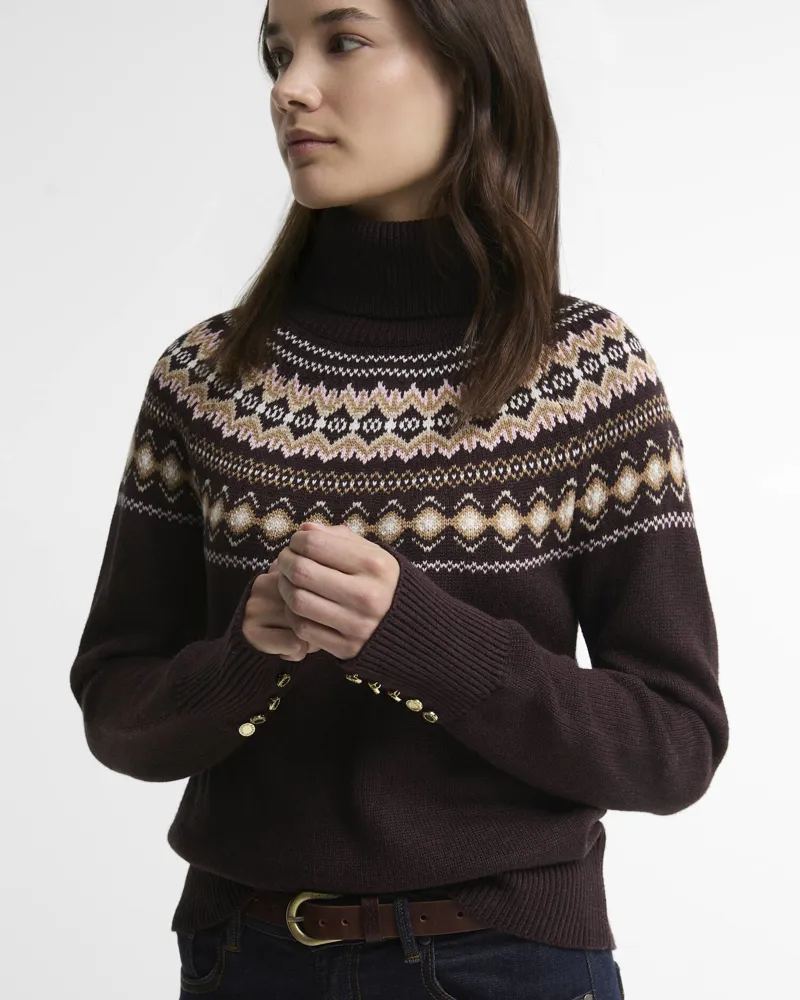 Barbour Ladies Darwen Fairisle Rollneck Jumper - Seal Brown-3
