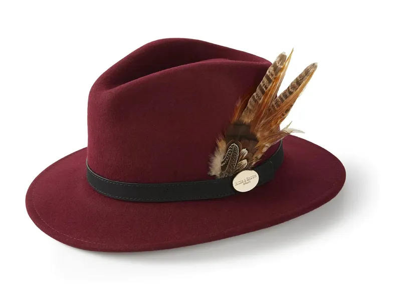 Hicks and Brown Suffolk Fedora in Maroon with Gamebird Feather