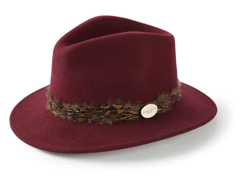 Hicks and Brown Suffolk Fedora in Maroon with Pheasant Feather Wrap-1