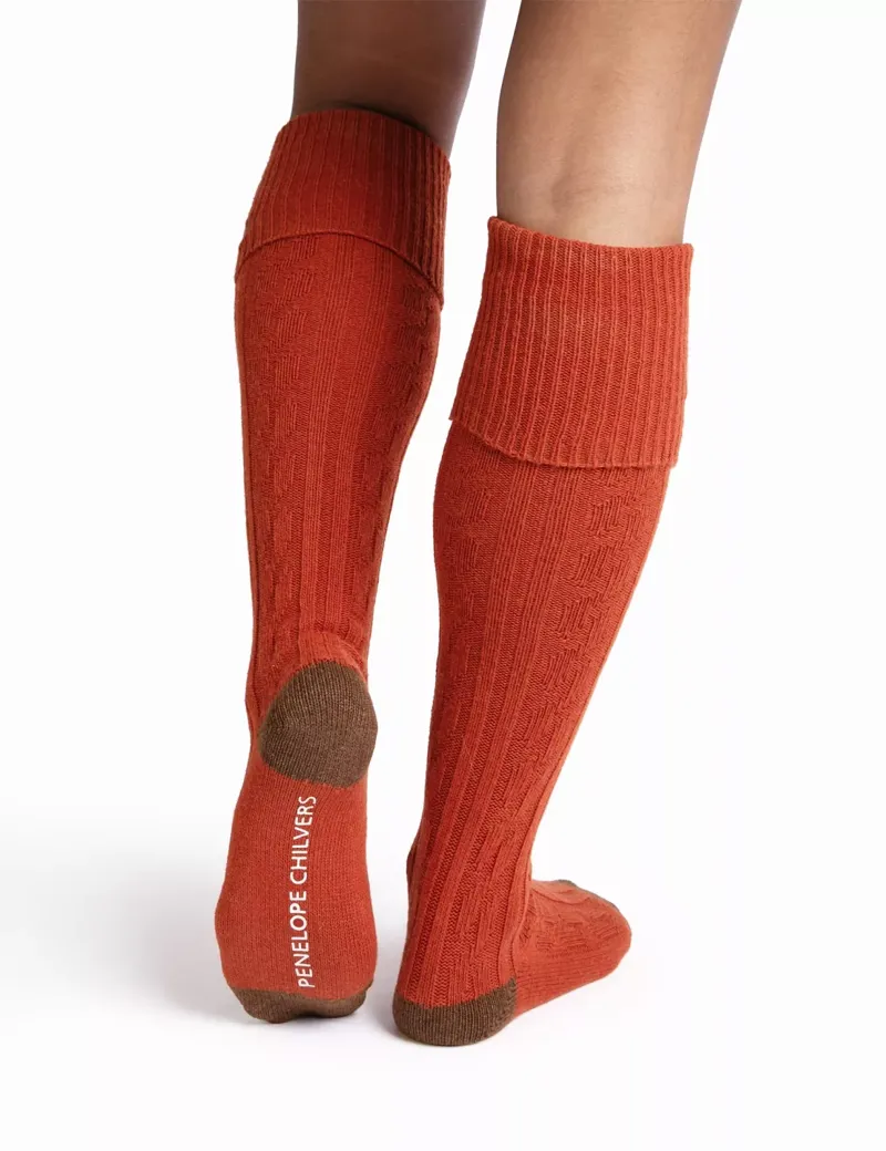 Penelope Chilvers Cashmere Cable Boot Socks - Terracotta-3