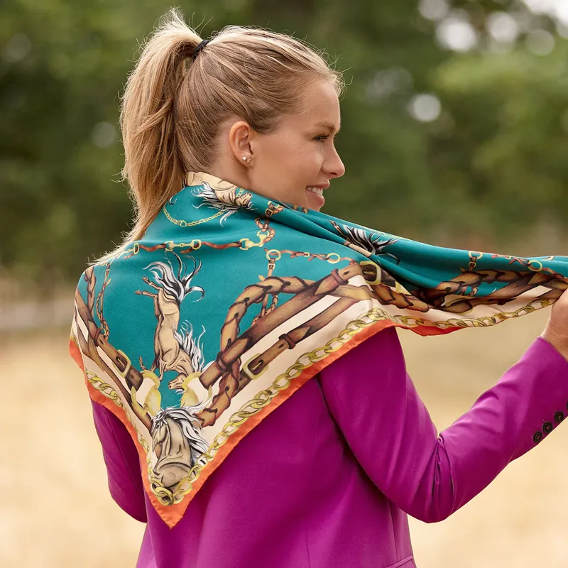 Clare Haggas Rearing To Go Teal and Rust Large Square Scarf-4
