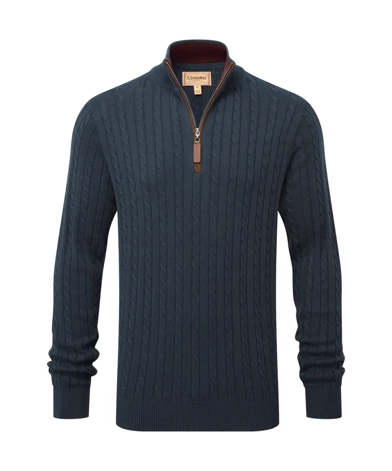 Schoffel Calton Cotton Cashmere Cable Quarter Zip Jumper - Petrol Blue
