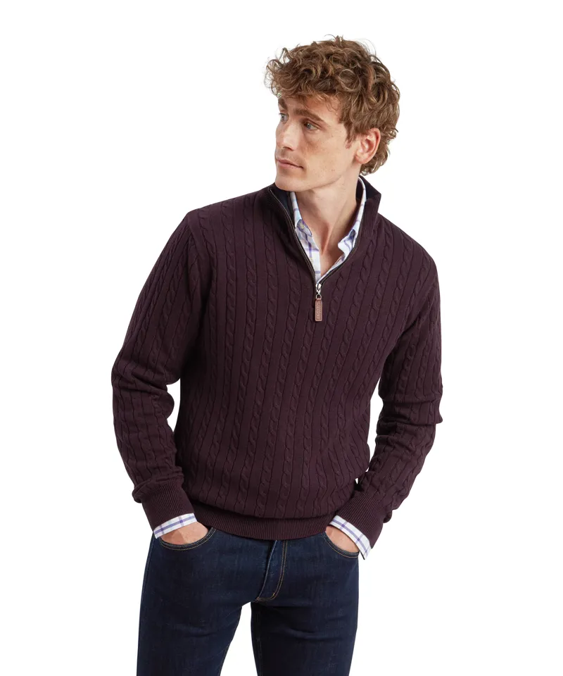 Schoffel Calton Cotton Cashmere Cable Quarter Zip Jumper - Wine-1