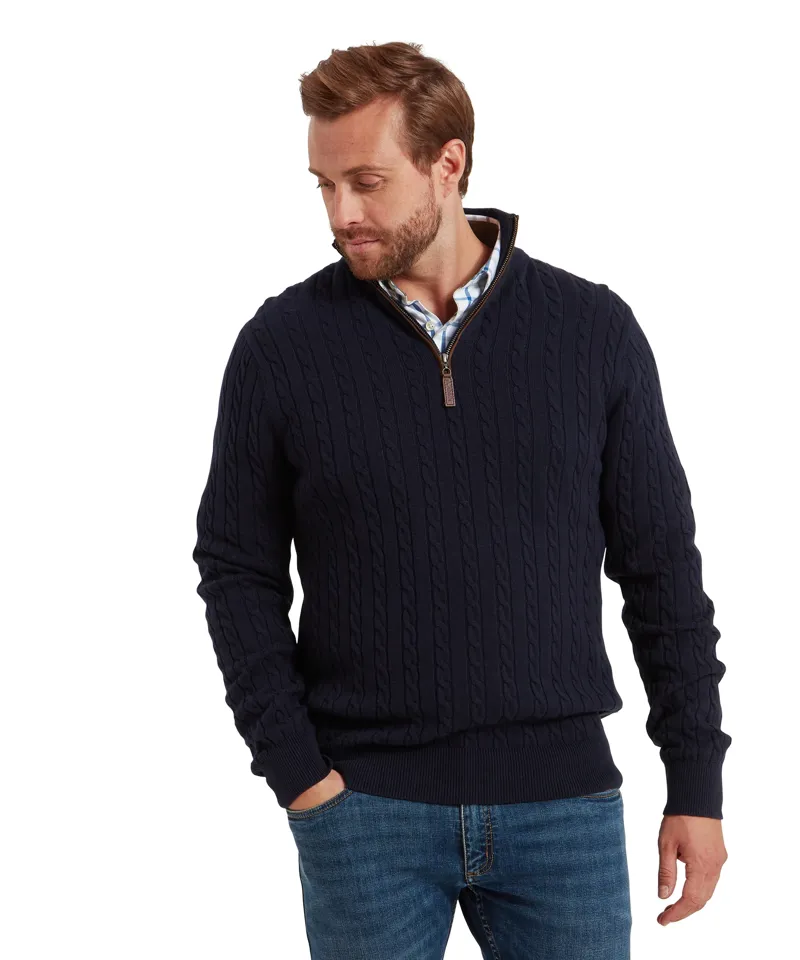 Schoffel Calton Cotton Cashmere Cable Quarter Zip Jumper - Navy-1