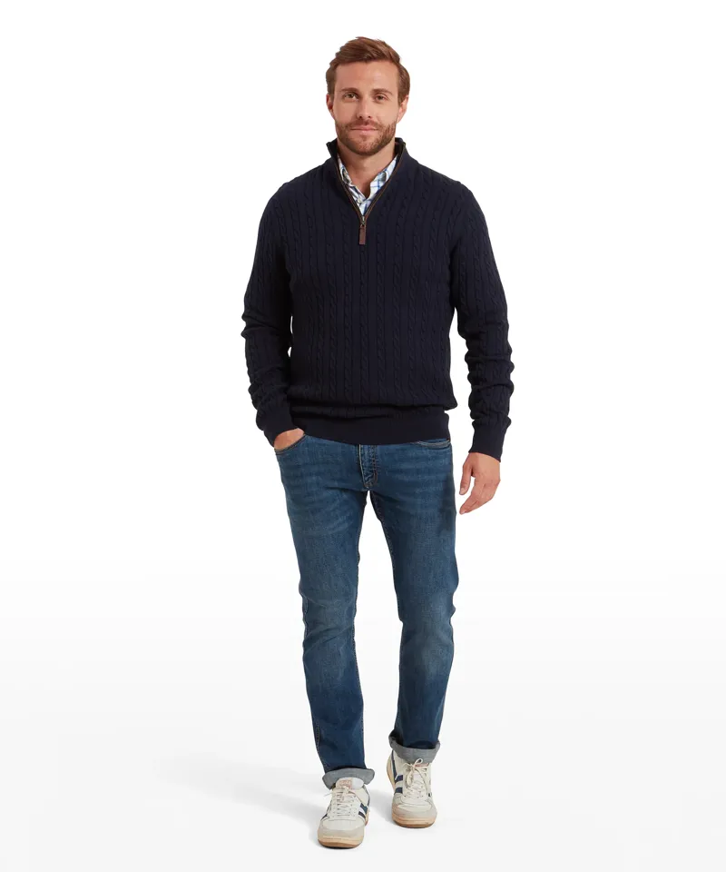 Schoffel Calton Cotton Cashmere Cable Quarter Zip Jumper - Navy-2