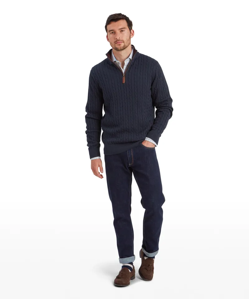 Schoffel Calton Cotton Cashmere Cable Quarter Zip Jumper - Petrol Blue-2