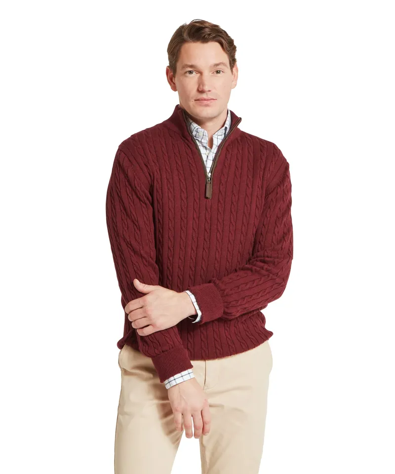 Schoffel Calton Cotton Cashmere Cable Quarter Zip Jumper - Burgundy